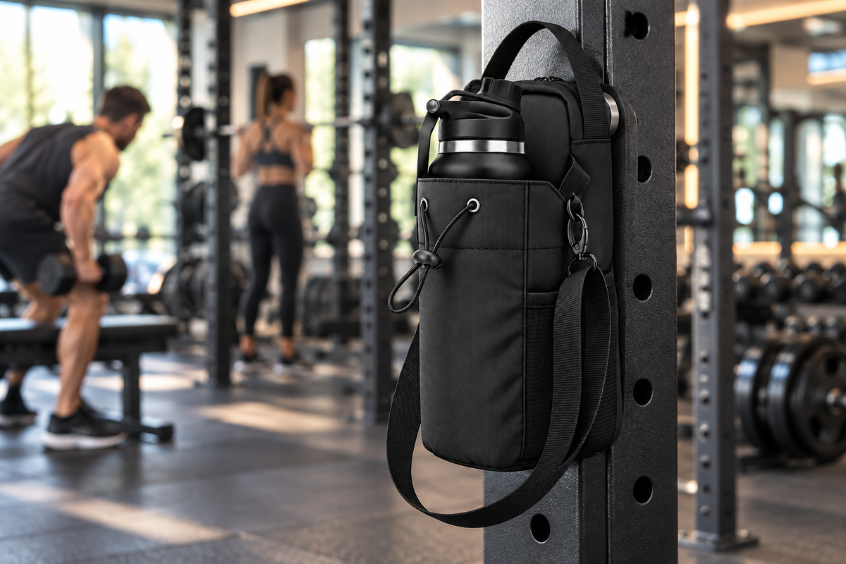 Magnetic gym bag based on your reference photo in a gym scene